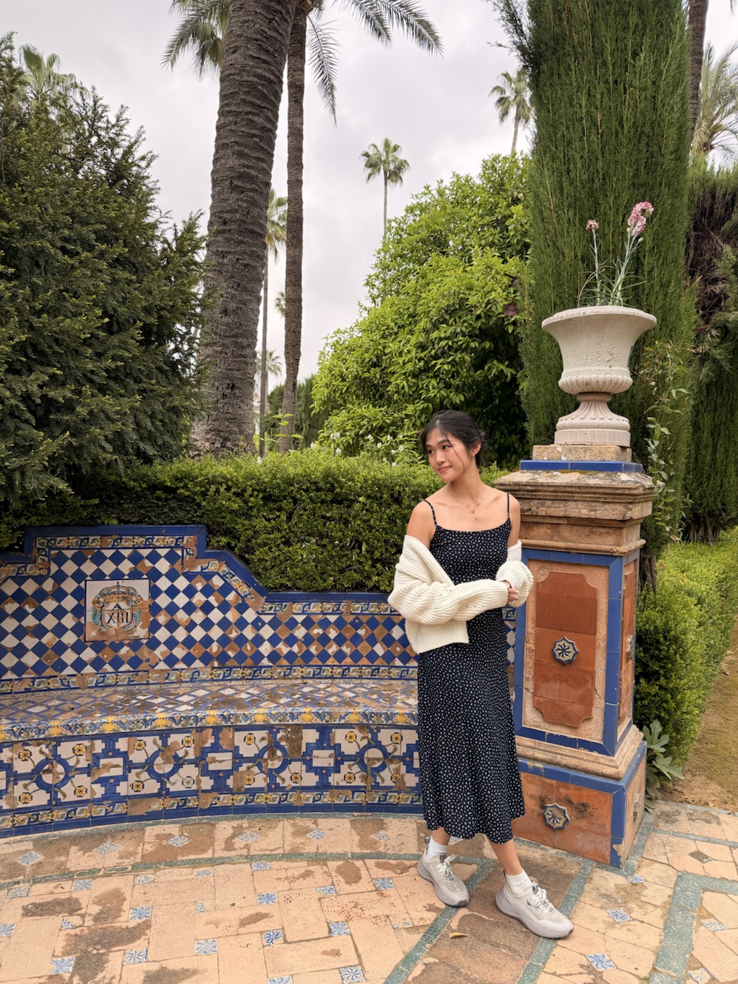 A blue-and-white tiled bench in the gardens of the Royal Alcázar of Seville